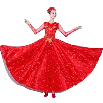 Új nyitótánc Teljes szoknya Modern felnőtt nők Piros táncruha viselet Spanyolország Nagy lengő ruha kórus tánc színpadi jelmez Piros
