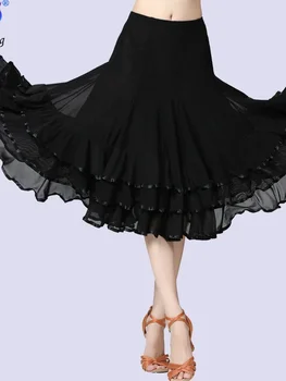 Új stílusú társastánc ruha géz swing szoknya Latin társadalmi gyakorlat Félhosszúságú tánc Tömör fodros szélű szoknya