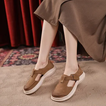 Új valódi bőr retro kézzel készített női cipő marhabőr puha talp alkalmi szandál vastag talp kényelmes egyszemélyes cipő