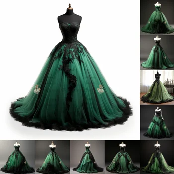 Új zöld és fekete csipke rátétes tüll pánt nélküli báli ruha Padló hosszúságú esti formális parti báli ruha kézzel készített egyedi W2-9