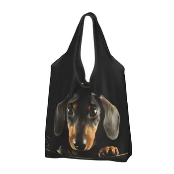 Újrafelhasználható tacskó kutya fotó portré élelmiszerbolt táskák Összecsukható gép Mosható háziállatok Állati bevásárlótáskák Nagy Eco tároló táska